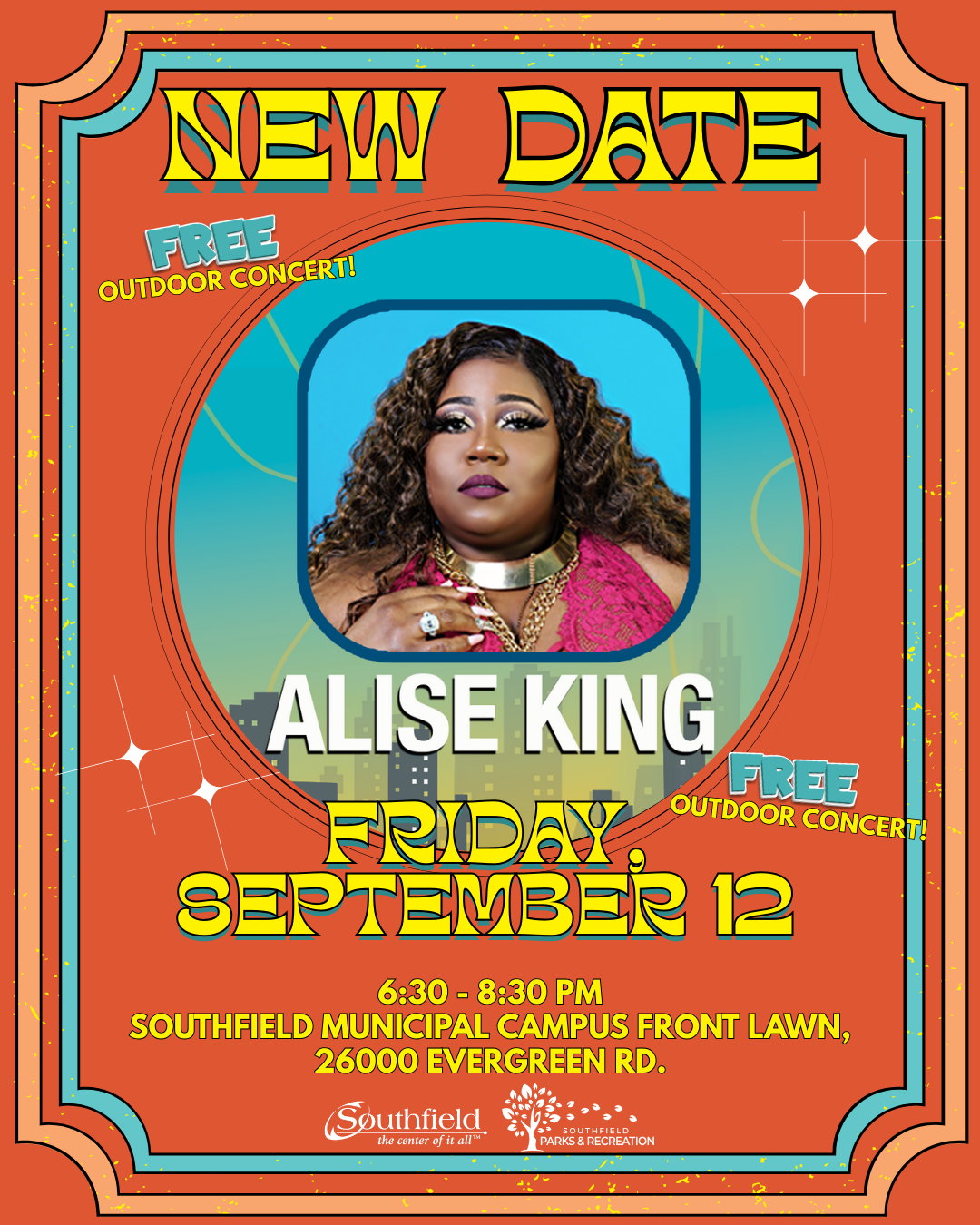 informational graphic with the new date for the Summer in the City concert featuring a picture of performer Alise King