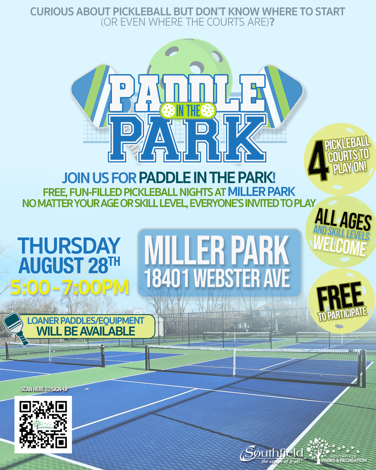 Paddle in the Park informational graphic featuring a picture of an empty pickleball court at Miller Park