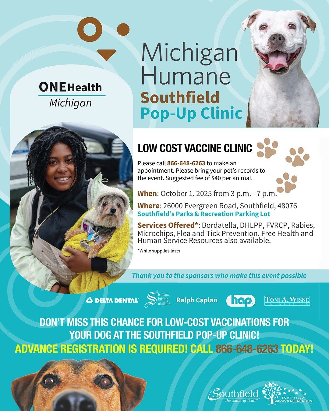 Informational graphic with details on the MI Humans Society Pop up Vaccination Clinic on Oct 1