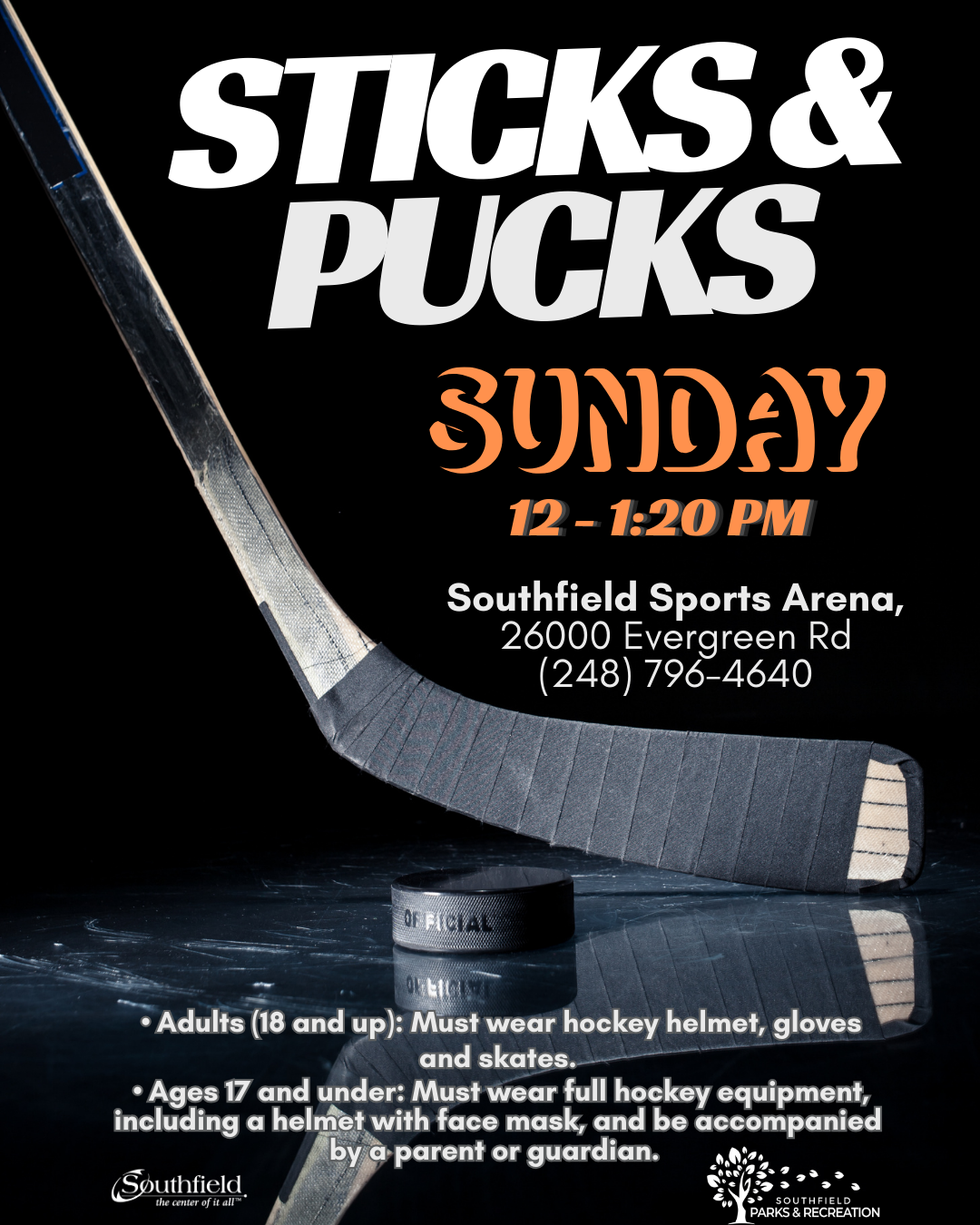 black background graphic featuring one hockey stick and one puck with details about the Sunday session of Sticks & Pucks