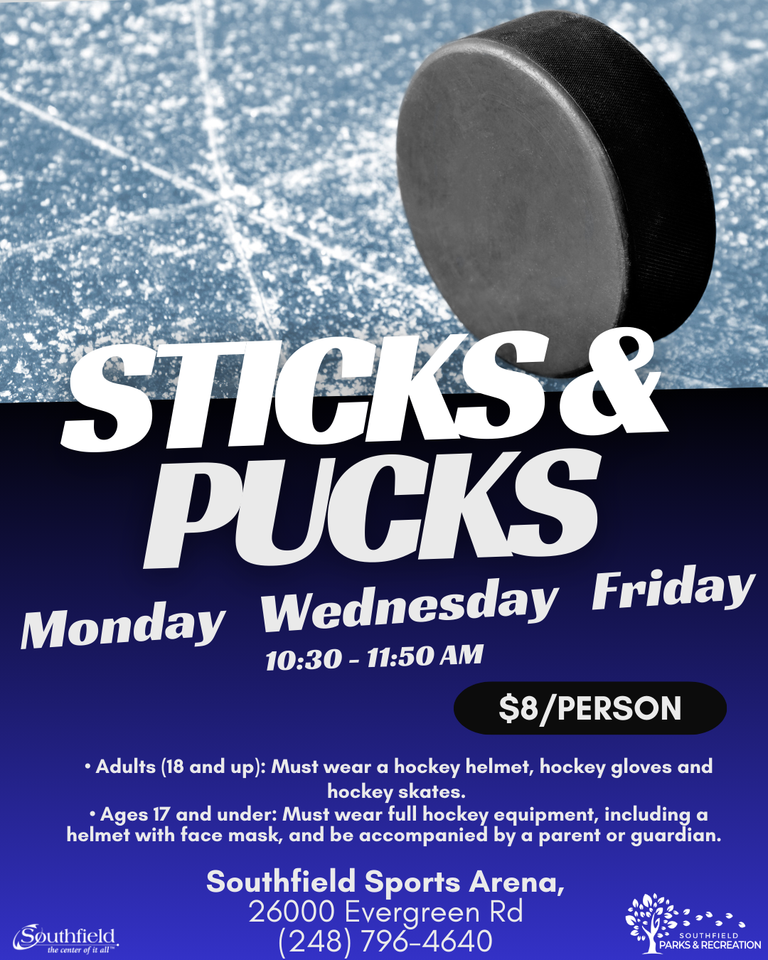 informational graphic for weekday Sticks & Pucks programs featuring a close up of a hockey puck on the ice