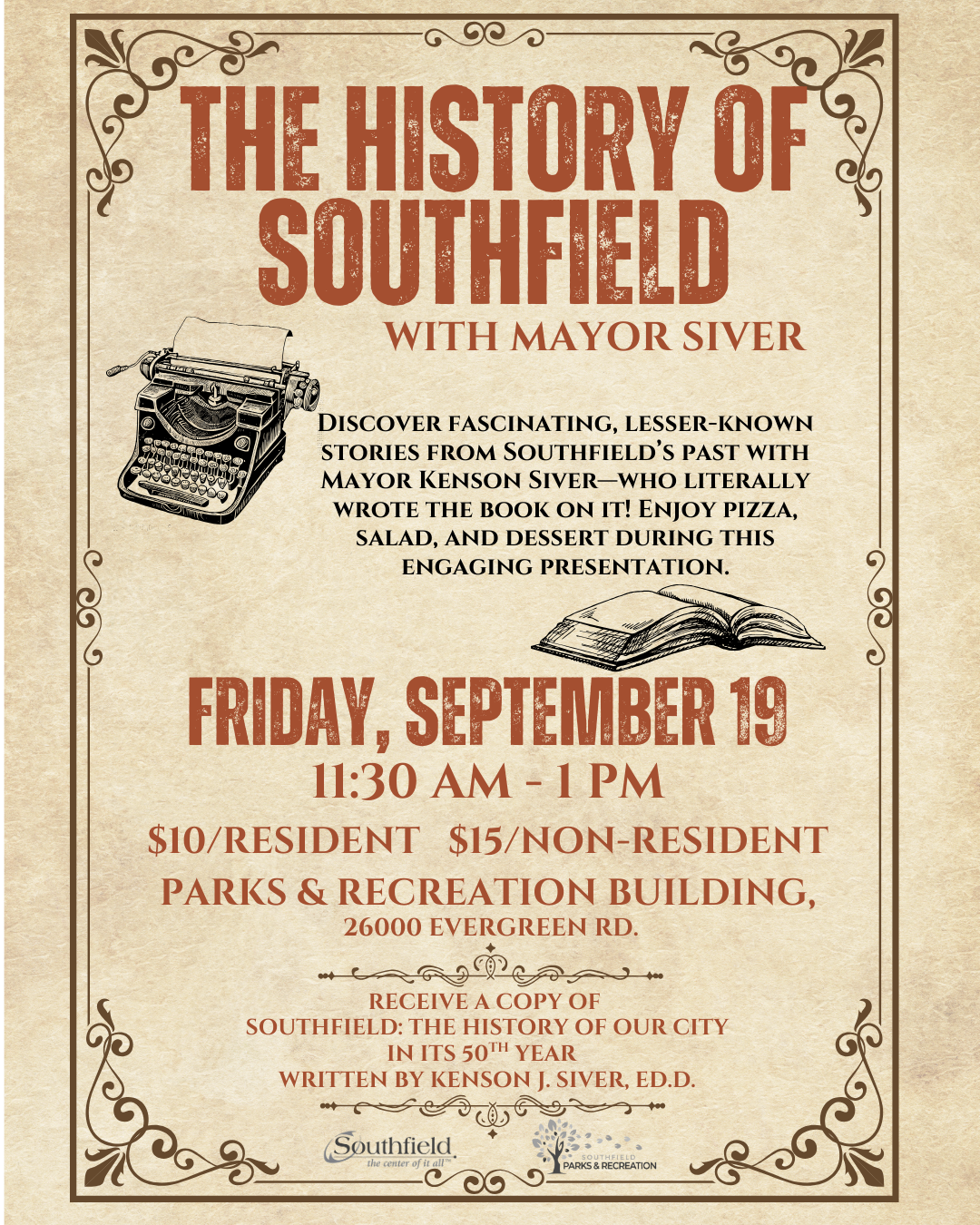 informational graphic with details on the History of Southfield Senior Lunch with Mayor Siver on September 19