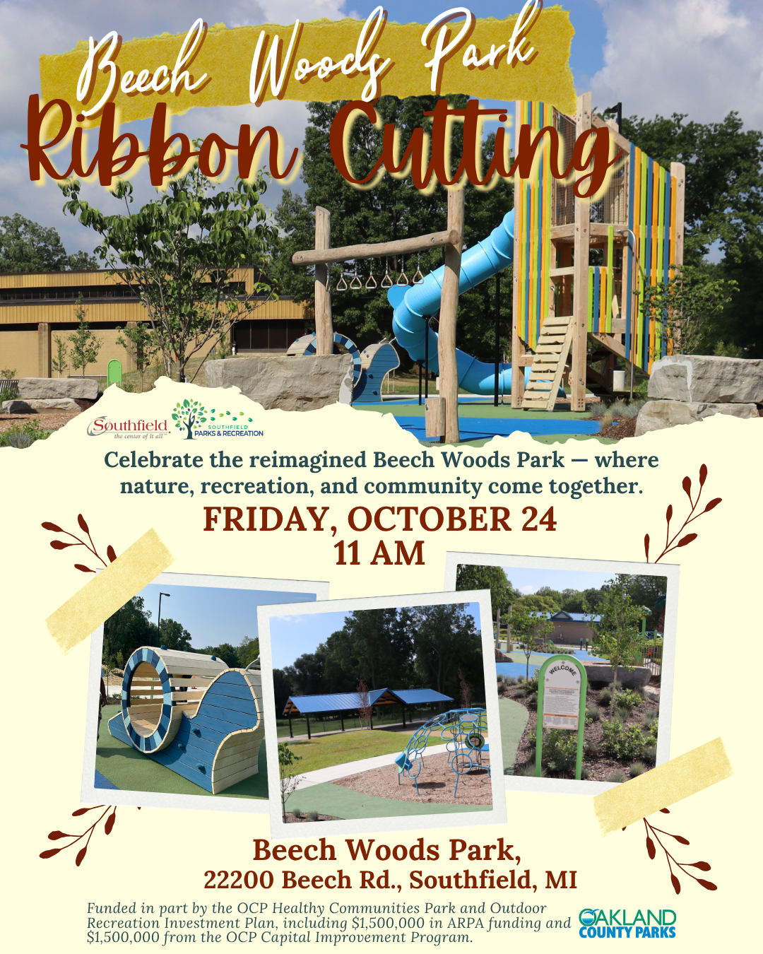 Informational graphic featuring pictures of the new playground and other amenities at Beech Woods Park