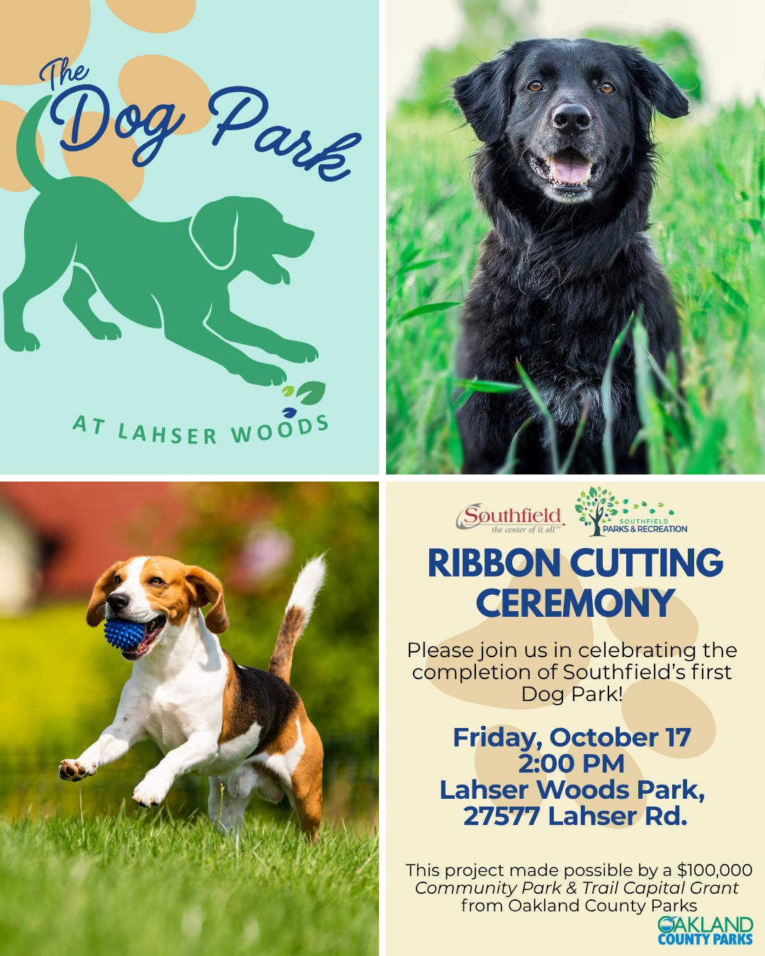 Invite to the Dog Park at Lahser Woods ribbon cutting ceremony featuring 2 pictures of happy dogs