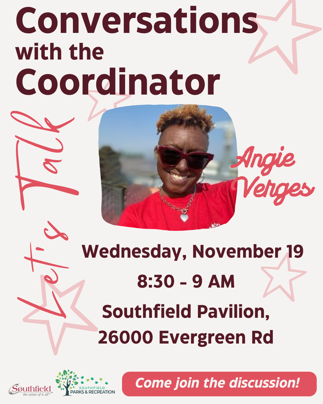 informational graphic featuring a picture of Senior Coordinator Angie Verges