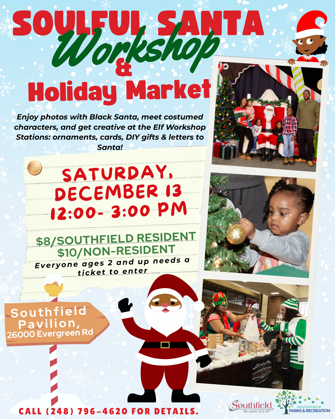 informational graphic for the annual Soulful Santa program featuring pictures of past participants getting family pics with Black Santa, kids doing crafts and shopping from vendors