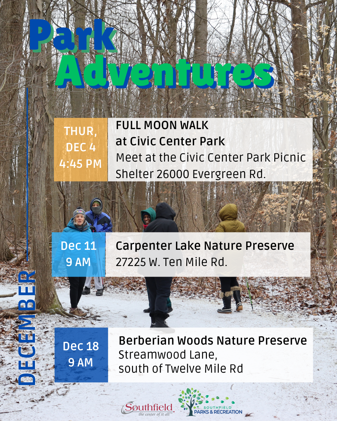 informational graphic featuring a photo of a group walking at Carpenter Lake Nature Preserve with snow on the ground