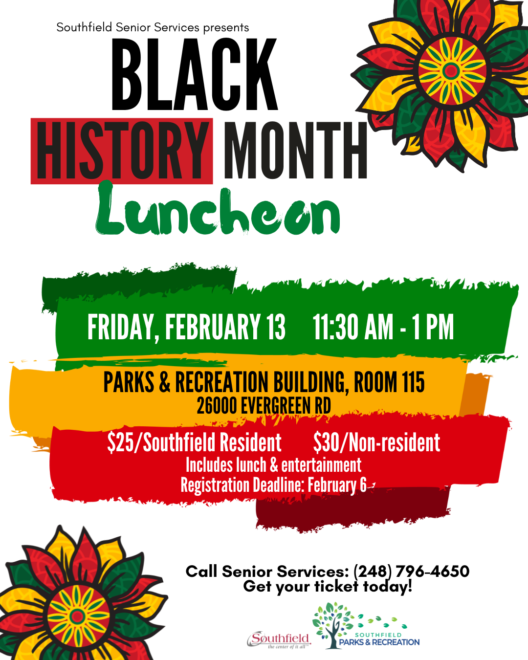 Flyer for the Black History Month Luncheon on Friday, February 13 from 11:30 AM–1 PM at the Parks & Recreation Building, Room 115