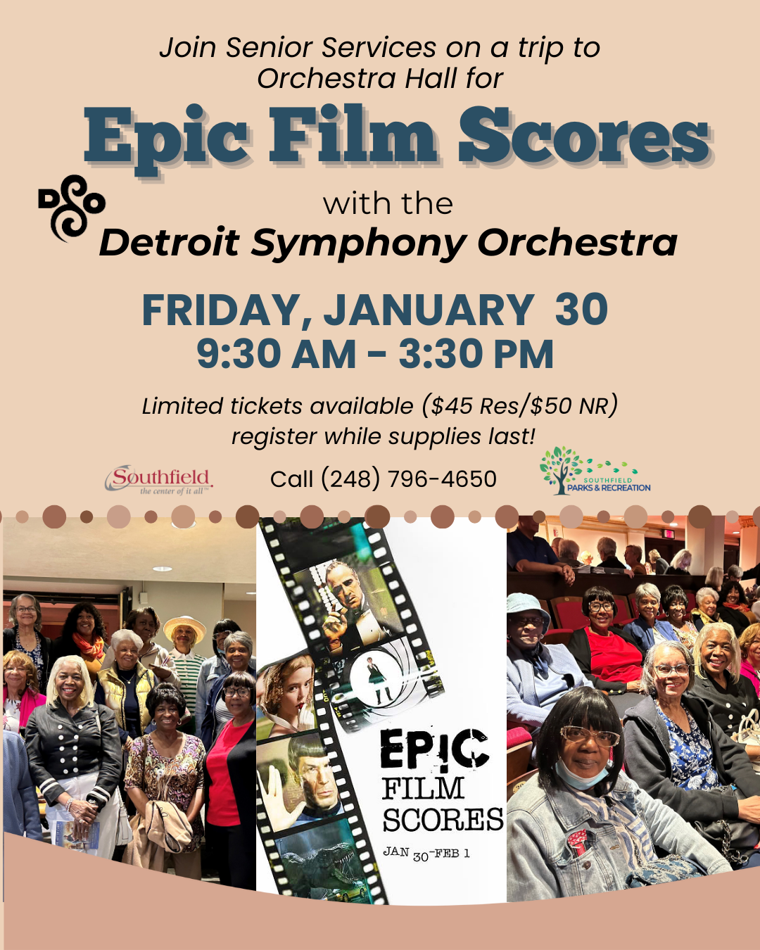 Flyer for a Senior Services trip to the Detroit Symphony Orchestra “Epic Film Scores” on Friday, January 30, 9:30 AM–3:30 PM