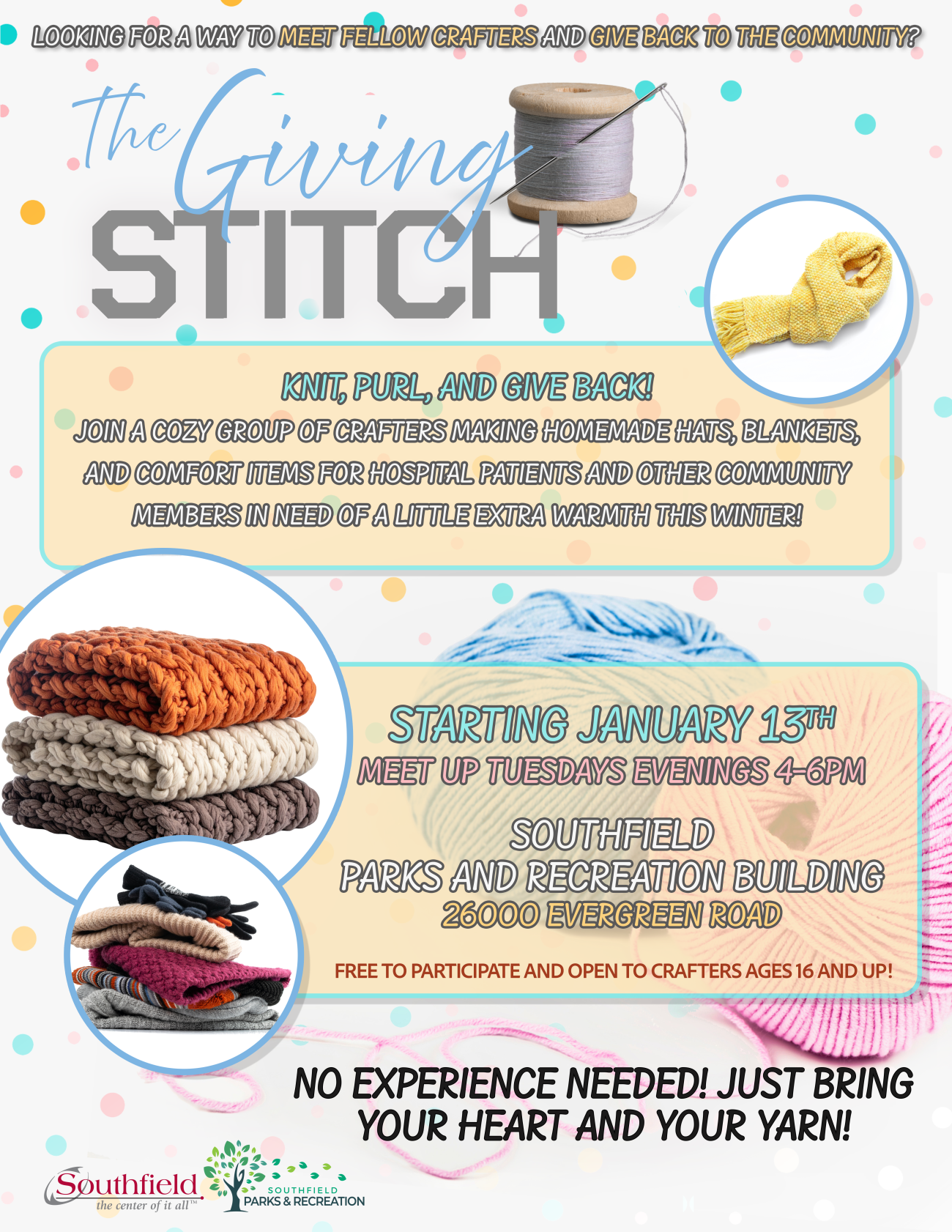 informational graphic featuring yarn and knitted objects