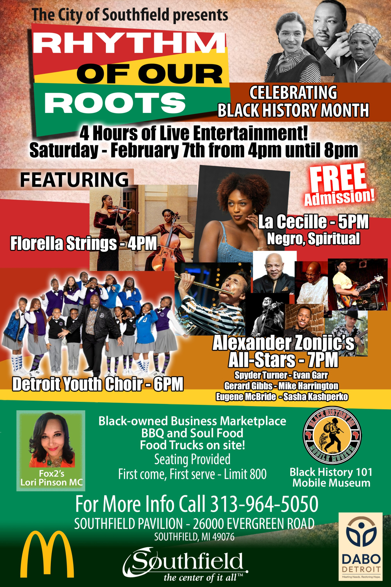 Flyer for “Rhythm of Our Roots” Black History Month celebration on Saturday, February 7 from 4–8 PM with free admission.