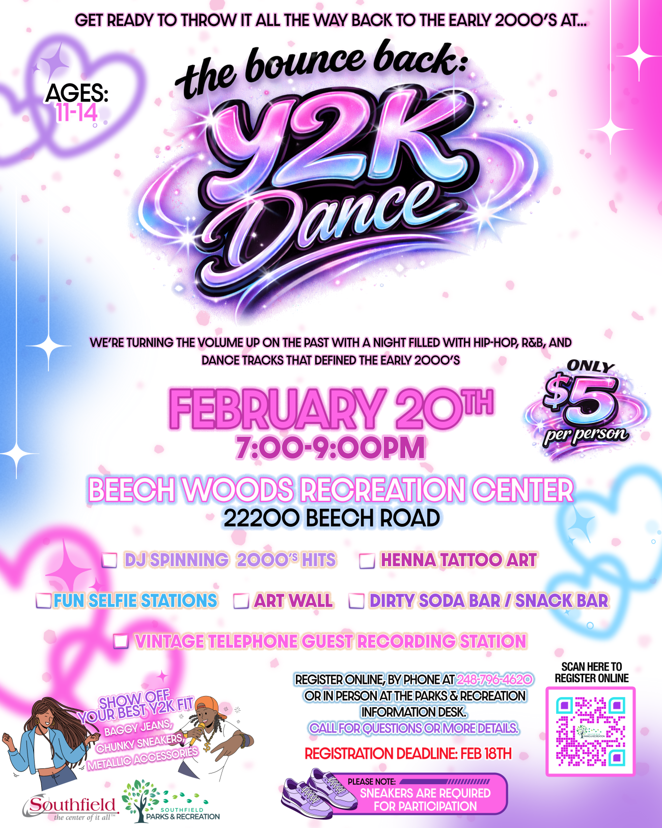 The Bounce Back: Y2K Dance” (ages 11–14) on February 20, 7–9 PM at Beech Woods Recreation Center. Cost is $5 per person.