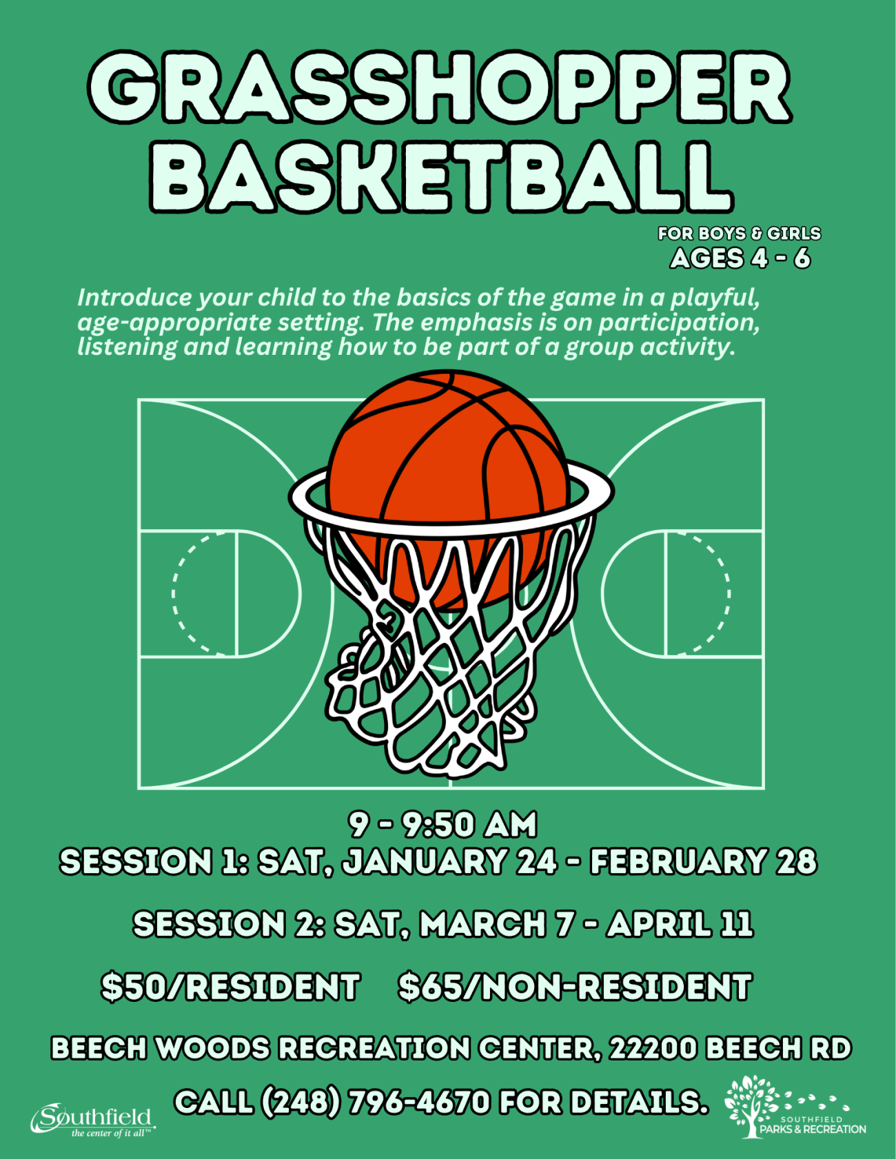 green background with a line drawing of a basketball court and a basketball going through a net