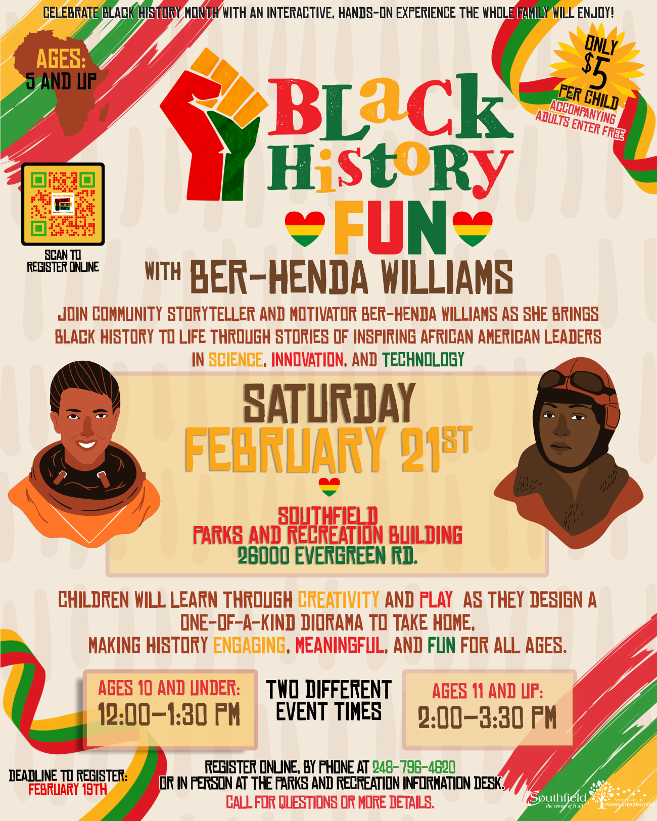 Flyer for “Black History Fun with Ber-Henda Williams” on Saturday, February 21 at the Southfield Parks & Recreation Building.