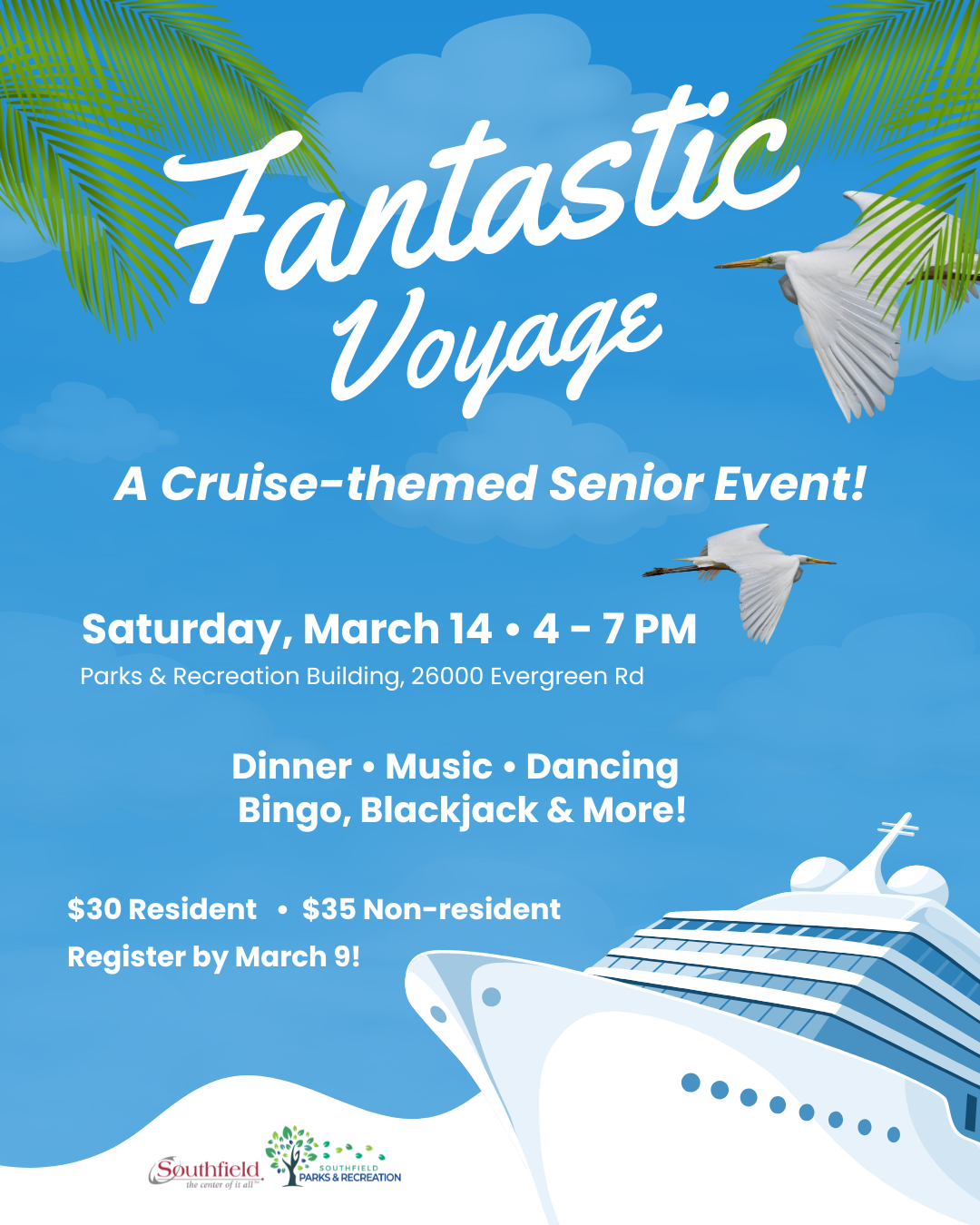 Flyer for Senior Services' Fantastic Voyage, cruise-themed event on Saturday, March 14