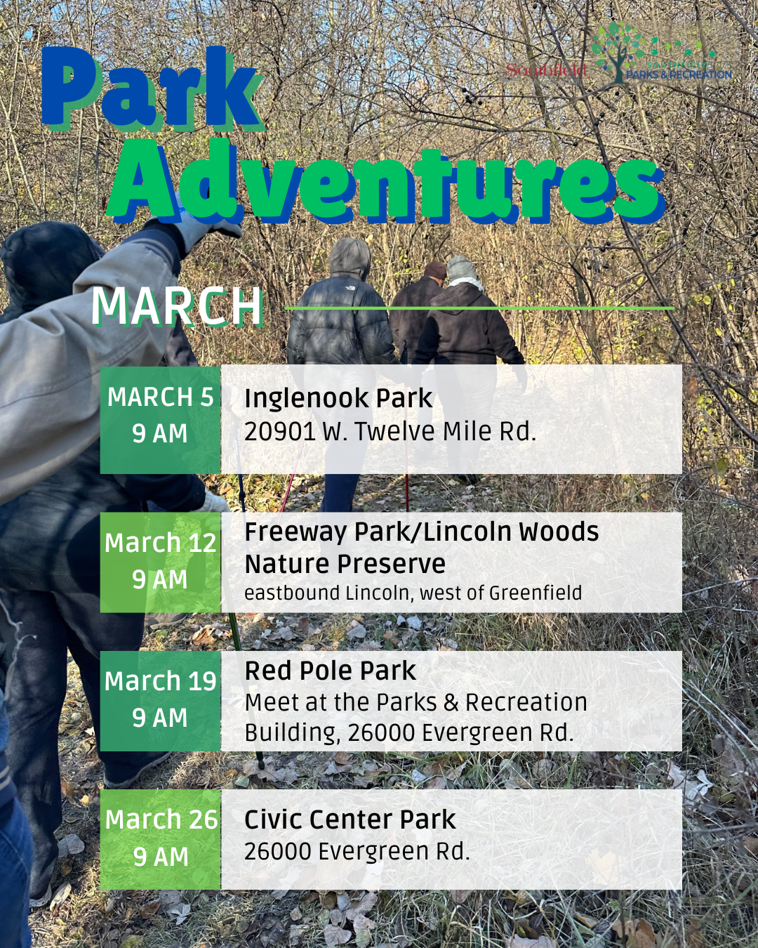 Flyer for the March schedule of Park Adventures group walks on Thursday mornings at 9 AM