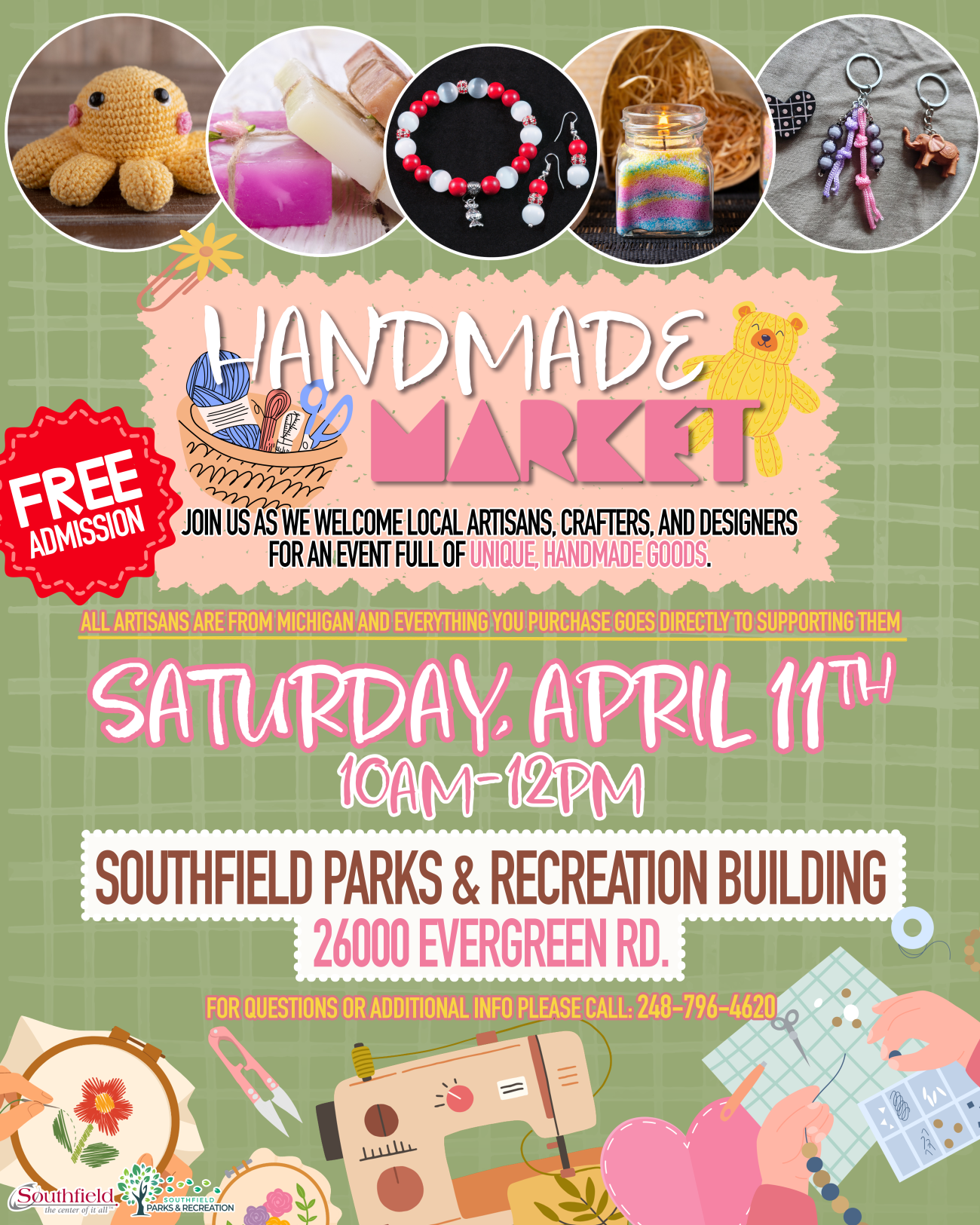 Flyer promoting the Handmade Market at the Southfield Parks & Recreation Building featuring local Michigan artisans and handmade goods.