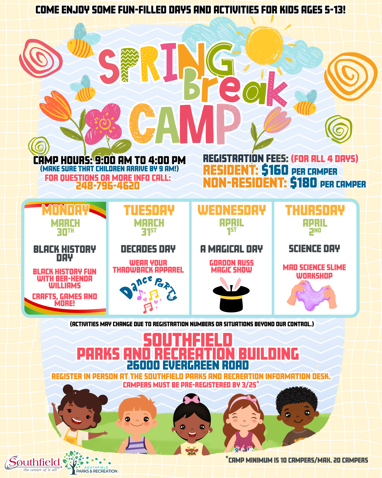Flyer for kids Spring Break Camp, March 30 - April 2, 9 AM–4 PM at the Southfield Parks & Recreation Building.