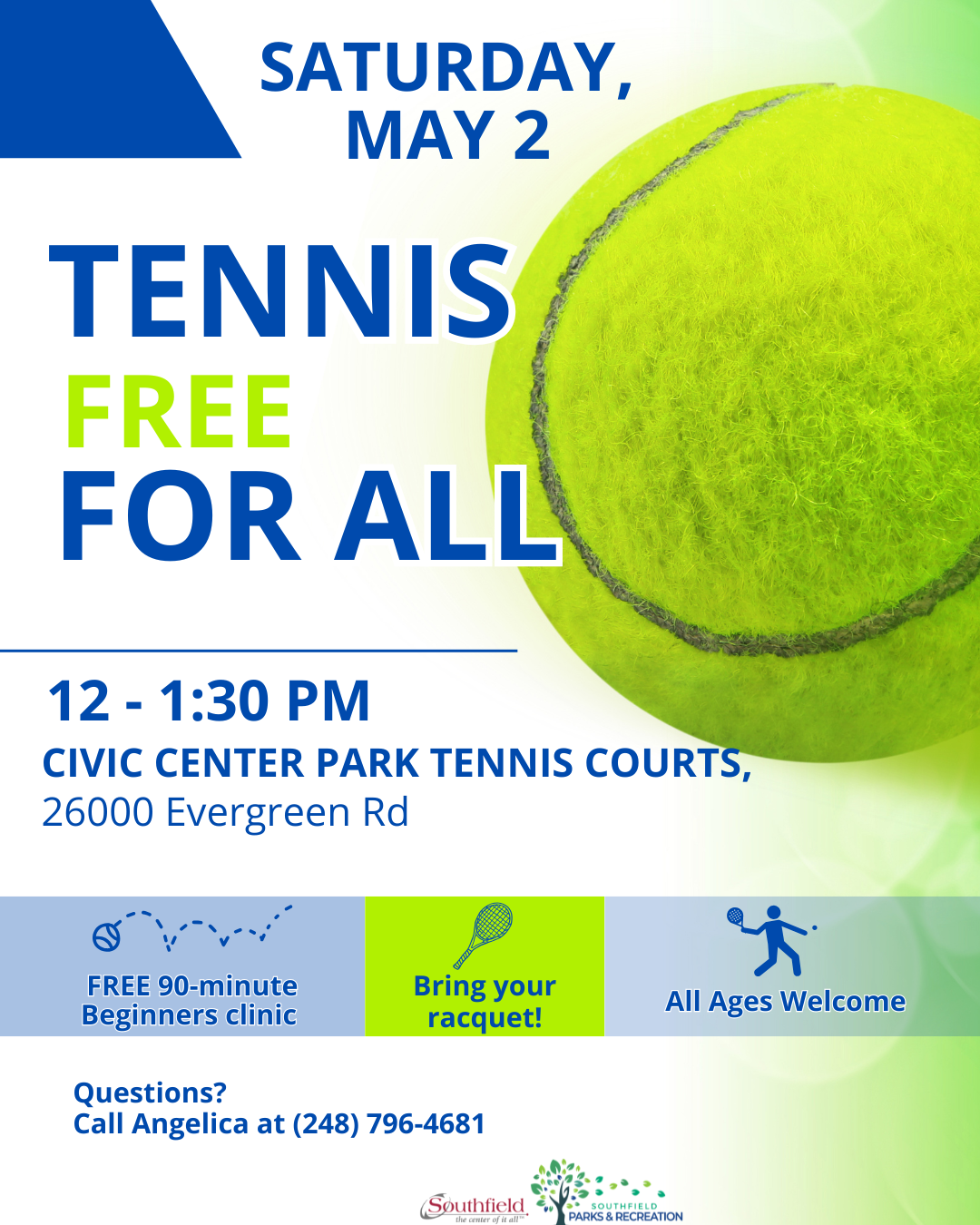 Graphic promoting Tennis Free For All, a free beginner tennis clinic on May 2 from 12–1:30 PM at Civic Center Park Tennis Courts