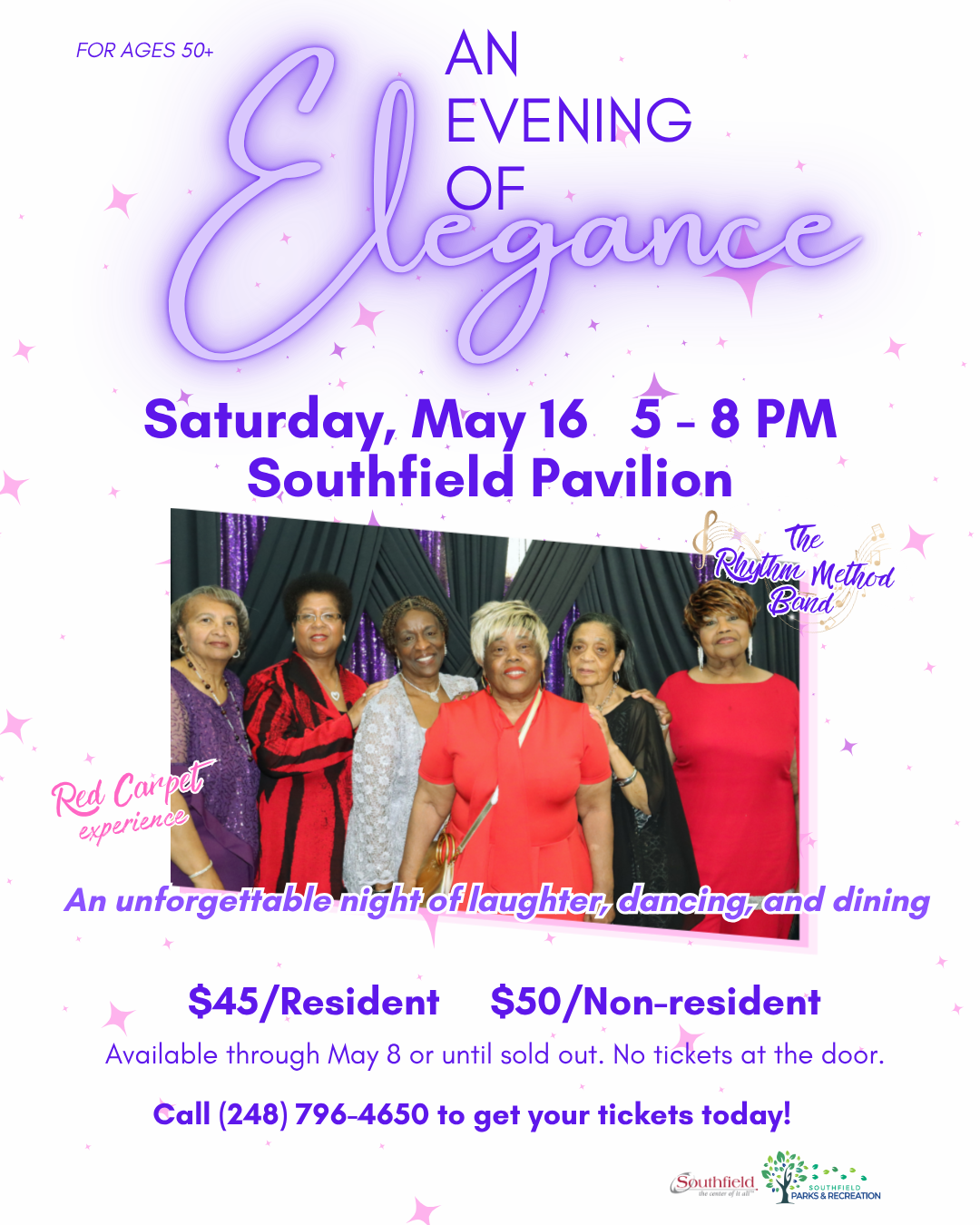 Promotional graphic for Evening of Elegance featuring a dark, elegant background with gold accents. Event details: Saturday, May 16 from 5–8 PM at the Parks & Recreation Building. A special evening for adults 50+ with music, dining, and a social atmosphere