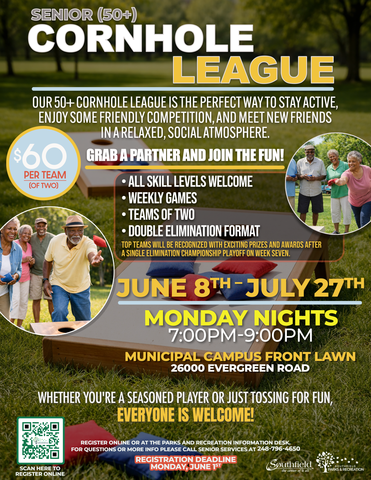 Flyer for Senior (50+) Cornhole League hosted by Southfield Parks & Recreation. Background shows cornhole boards set up on grass with bean bags, along with photos of older adults playing cornhole outdoors. Text promotes a senior cornhole league for ages 50+ running Mondays from June 8 through July 27, 7:00–9:00 PM, on the Municipal Campus Front Lawn at 26000 Evergreen Road. Cost is $60 per team of two. Features include weekly games, all skill levels welcome, teams of two, double-elimination format, and priz