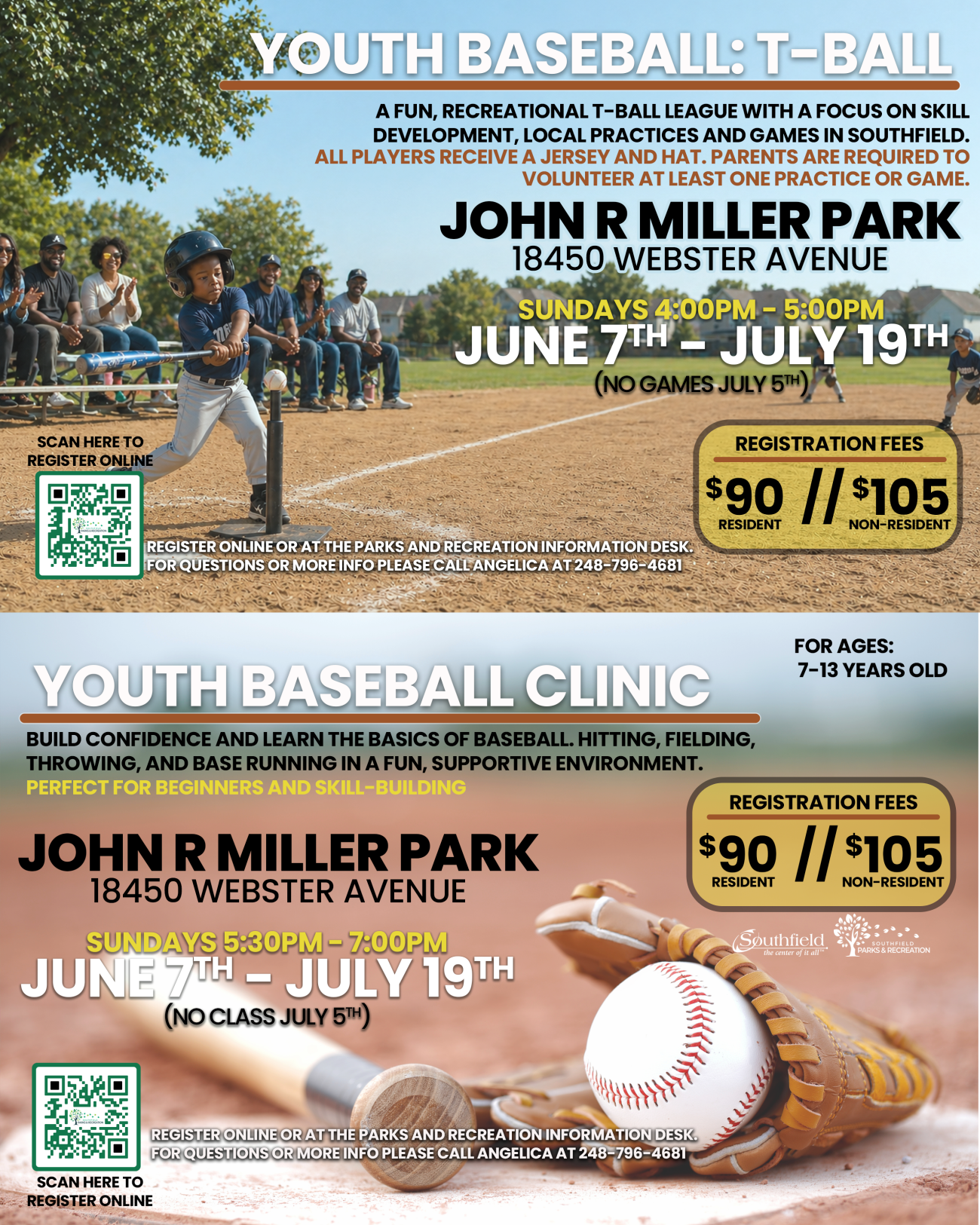 Flyer for Southfield Parks & Recreation Youth Baseball programs. The top half promotes a Youth T-Ball league featuring a young child swinging at a ball from a tee on a baseball field. T-Ball takes place Sundays from June 7–July 19, 4:00–5:00 PM at John R. Miller Park. The bottom half promotes a Youth Baseball Clinic for ages 7–13 with a baseball glove and ball background image. The clinic runs Sundays from June 7–July 19, 5:30–7:00 PM at John R. Miller Park. Registration QR codes and city logos included
