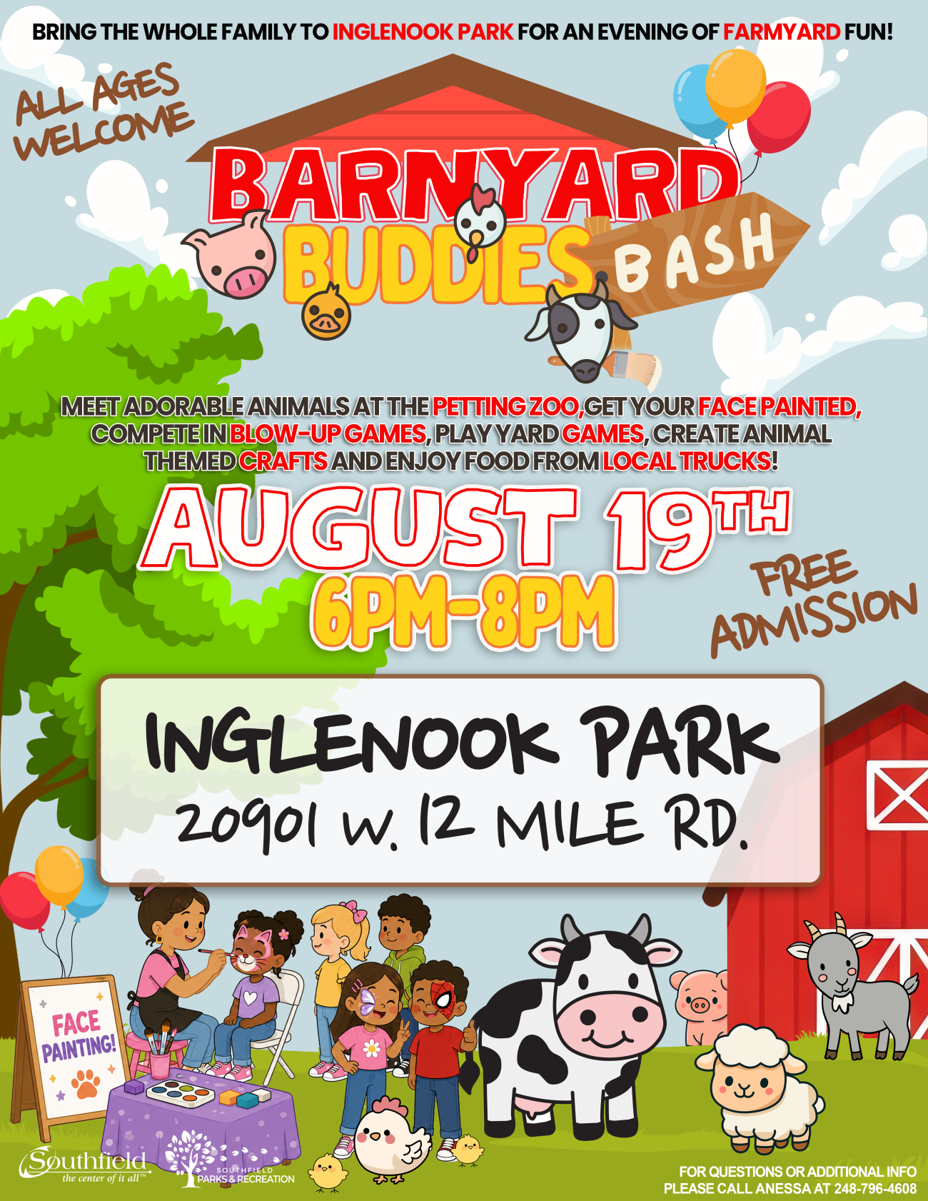 Flyer for the Barnyard Buddies Bash taking place on Wednesday, August 16 from 6-8 p.m. at Inglenook Park (20901 West 12 Mile Road). Program will feature a petting zoo, face painters, inflatable games and crafts. Free admission. Food vendors will be on site. Contact Anessa at 248-796-4608 for more details.