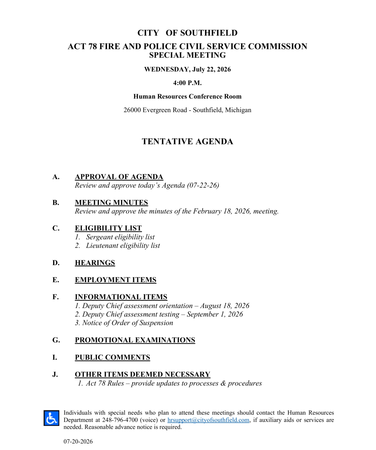  July 22 Special Meeting Agenda