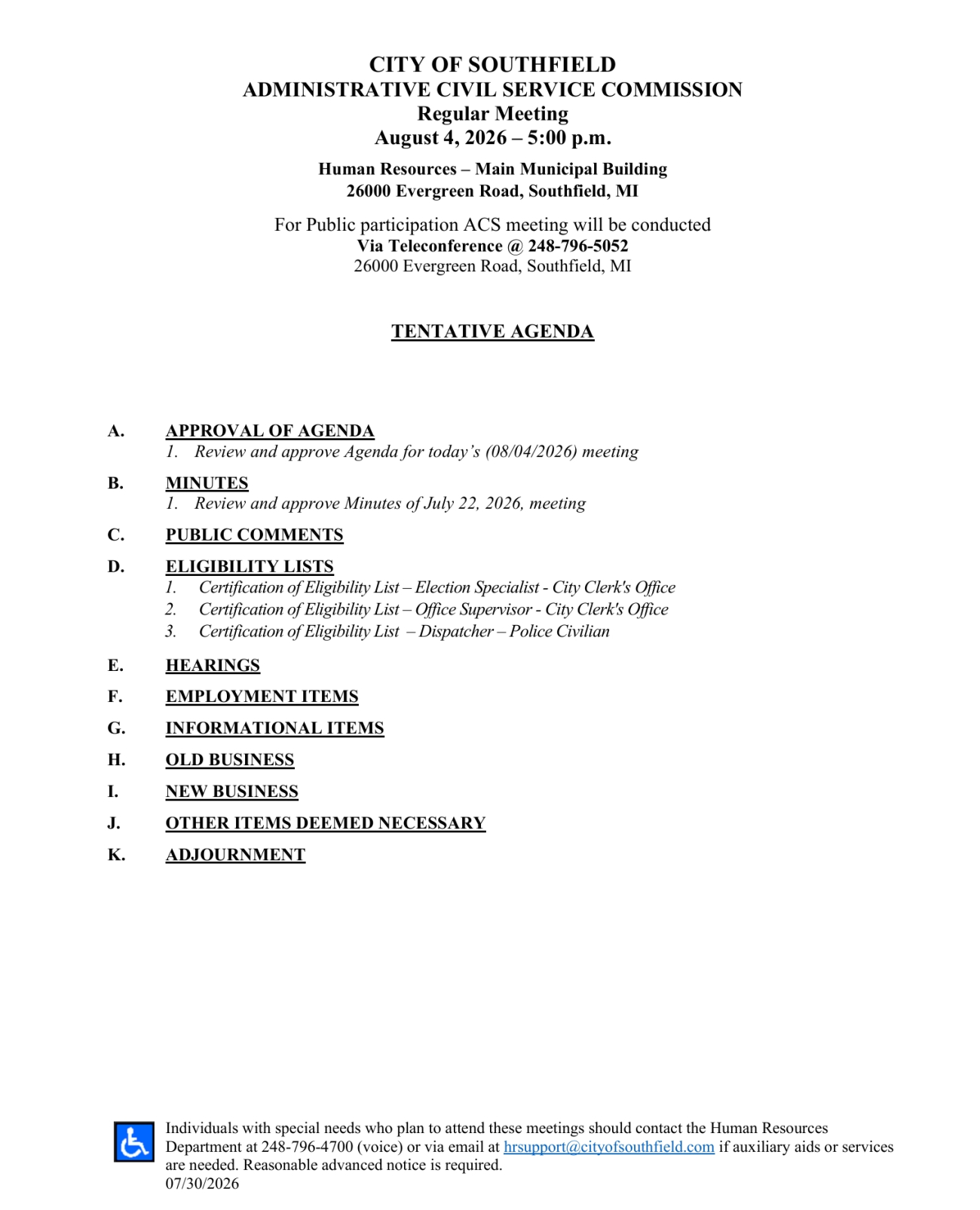 Administrative Civil Service (ACS) Commission Aug 4 Regular Meeting Agenda
