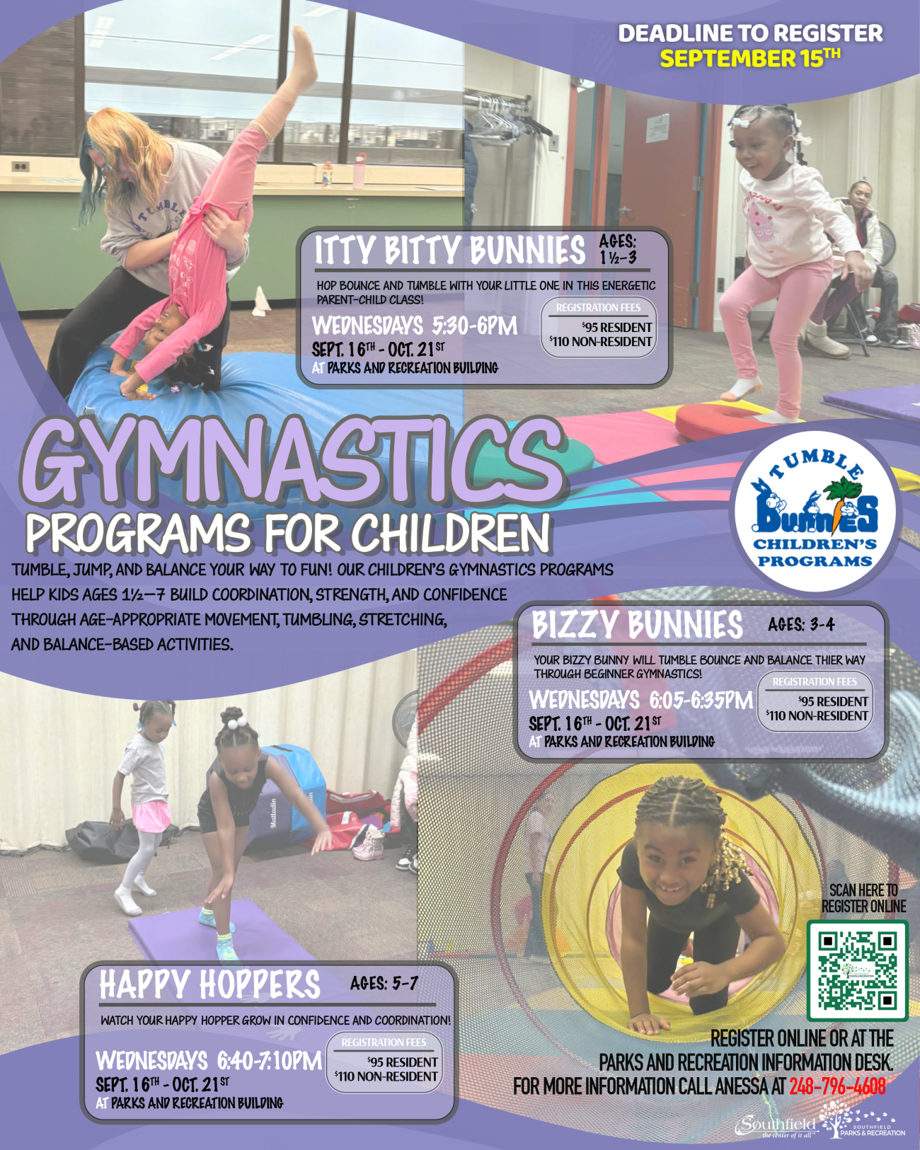 Purple gymnastics program graphic featuring photos of young children tumbling, balancing, jumping and moving through beginner gymnastics activities. Tumble Bunnies Children’s Programs include Itty Bitty Bunnies for ages 1½–3, Bizzy Bunnies for ages 3–4 and Happy Hoppers for ages 5–7. Classes are held Wednesdays at the Southfield Parks & Recreation Building.