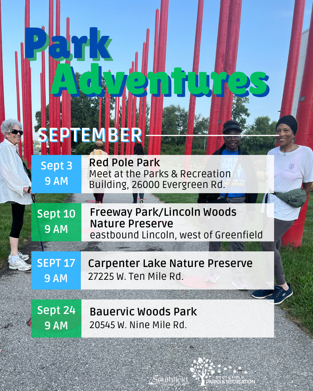 Graphic titled “Park Adventures – September” featuring a group walking along the trail at Red Pole Park. The graphic lists four guided walks scheduled for September at 9 AM: September 3, Red Pole Park; September 10, Freeway Park/Lincoln Woods Nature Preserve: September 17, Carpenter Lake Nature Preserve; and September 24, Bauervic Woods Park.