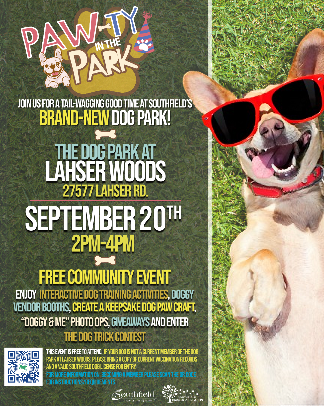 Graphic for Paw-ty in the Park on Sunday, September 20, from 2-4 p.m. at the Dog Park at Lahser Woods, 27577 Lahser Road. This free event includes interactive dog training activities, doggy vendor booths, a keepsake craft, Doggy & Me photo opportunities, giveaways and a Dog Trick Contest. Dogs that are not current members of the dog park must bring current vaccination records and a valid Southfield dog license for entry. The graphic features a smiling dog wearing red sunglasses on a grassy background.