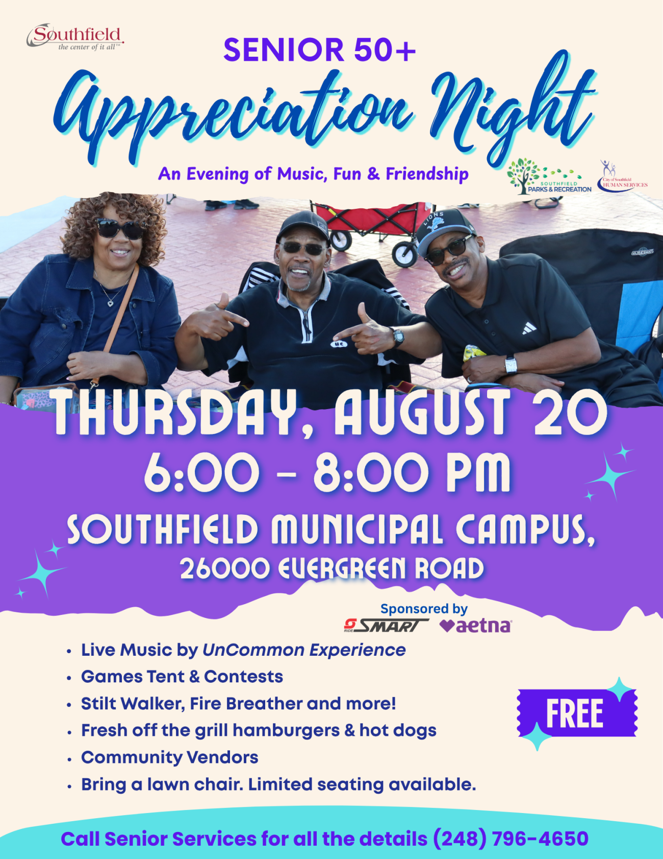 Flyer for Senior 50+ Appreciation Night on Thursday, August 20, from 6-8 p.m. at the Southfield Municipal Campus, 26000 Evergreen Road. A photo of three smiling attendees enjoying a previous event appears beneath the title. The flyer highlights live music by UnCommon Experience, games and contests, a stilt walker, fire breather, fresh-off-the-grill hamburgers and hot dogs, community vendors, and reminds guests to bring a lawn chair as seating is limited. The event is free. Sponsored by SMART and Aetna. 