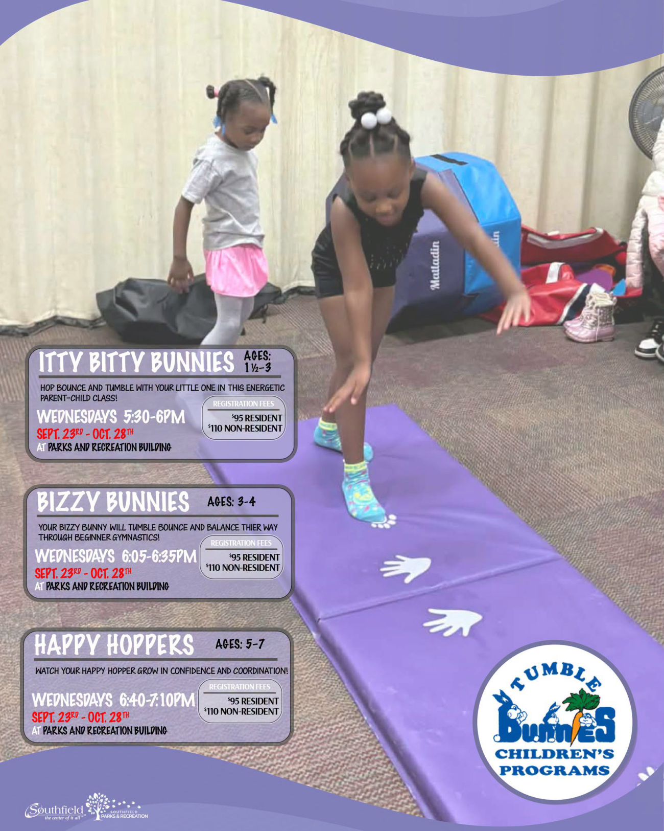 Purple gymnastics program graphic featuring photos of young children tumbling, balancing, jumping and moving through beginner gymnastics activities. Tumble Bunnies Children’s Programs include Itty Bitty Bunnies for ages 1½–3, Bizzy Bunnies for ages 3–4 and Happy Hoppers for ages 5–7. Classes are held Wednesdays at the Southfield Parks & Recreation Building.