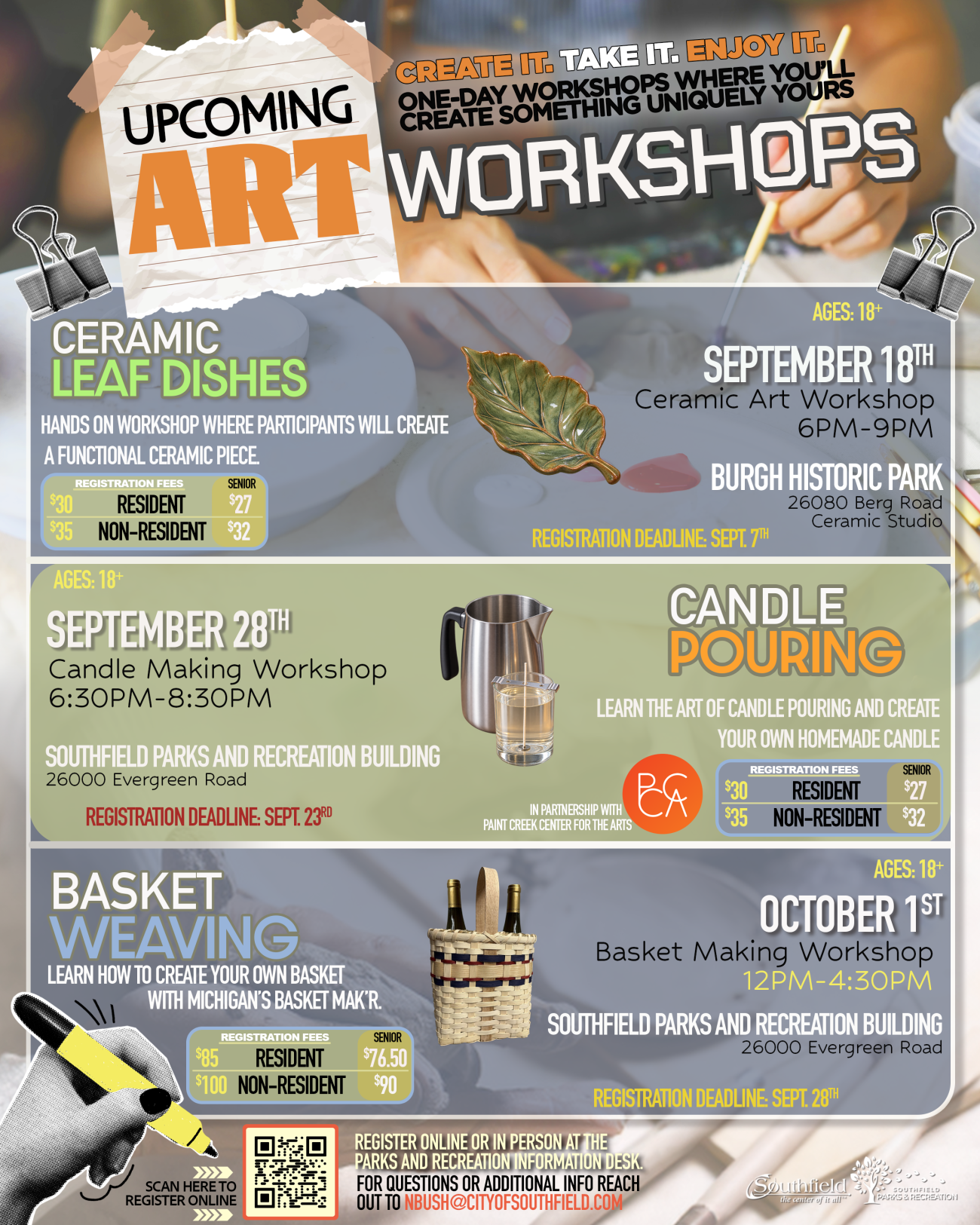 Upcoming Art Workshops for ages 18+: Ceramic Leaf Dishes Sept. 18, Candle Pouring Sept. 28 and Basket Weaving Oct. 1. Fees and registration deadlines vary by workshop. Register online or at the Parks & Recreation Information Desk.