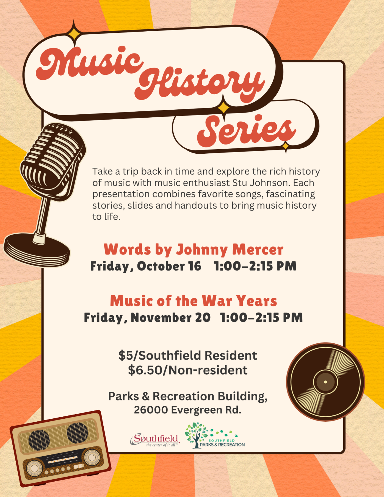 Promotional flyer for the Music History Series with Stu Johnson featuring Words by Johnny Mercer in October and Music of the War Years in November. Retro design features a vintage microphone, radio and record.
