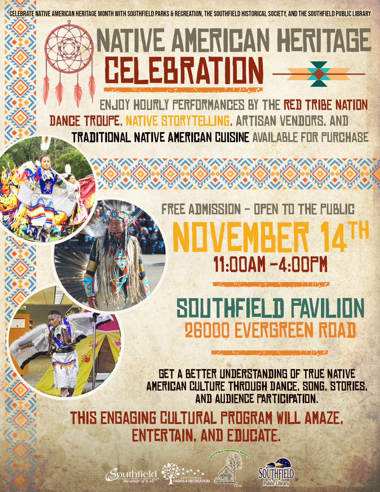 Flyer for the Native American Heritage Celebration on Saturday, November 14, from 11 AM to 4 PM at the Southfield Pavilion, 26000 Evergreen Road. Free admission and open to the public. The flyer includes photographs of Native American dancers and performers, colorful geometric borders and logos for Southfield Parks & Recreation, the Southfield Historical Society and the Southfield Public Library.