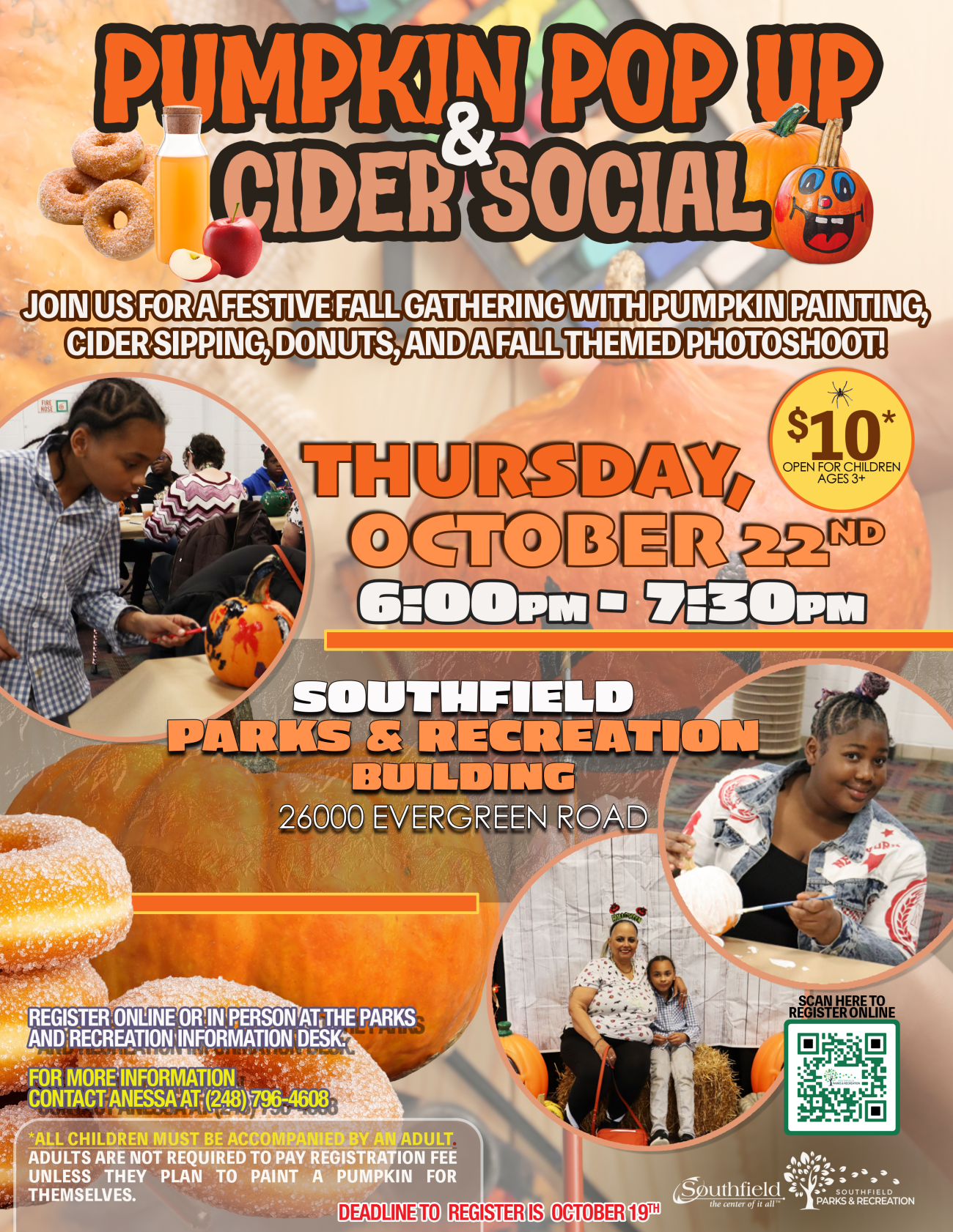Promotional flyer for Pumpkin Pop-Up & Cider Social featuring pumpkin painting, cider, donuts and a fall-themed photo op. Photos show participants painting pumpkins and posing at a fall photo display.