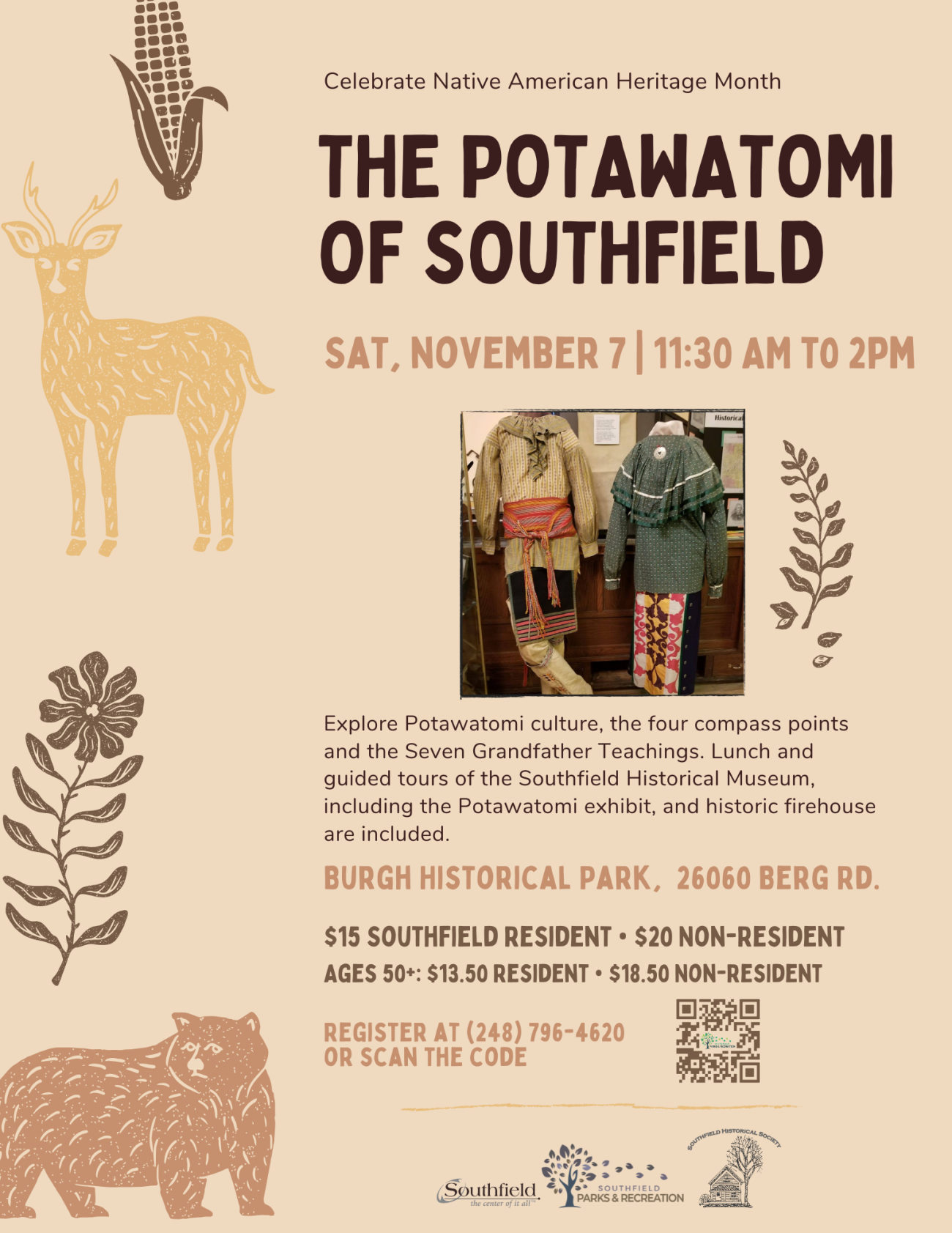 The Potawatomi of Southfield flyer celebrating Native American Heritage Month. Features illustrations of wildlife and plants alongside a photograph of traditional clothing on display. Saturday, November 7, 11:30 AM–2 PM at Burgh Historical Park, 26060 Berg Road. Explore Potawatomi culture, the four compass points and Seven Grandfather Teachings. Includes lunch and guided museum tours. Fees range from $13.50 to $20. Register at (248) 796-4620.